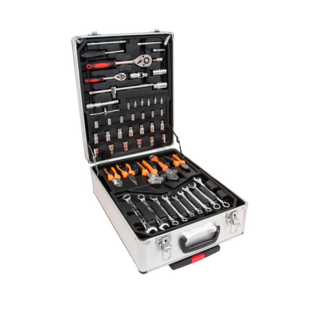 An open tool case filled with various tools, laid out neatly.