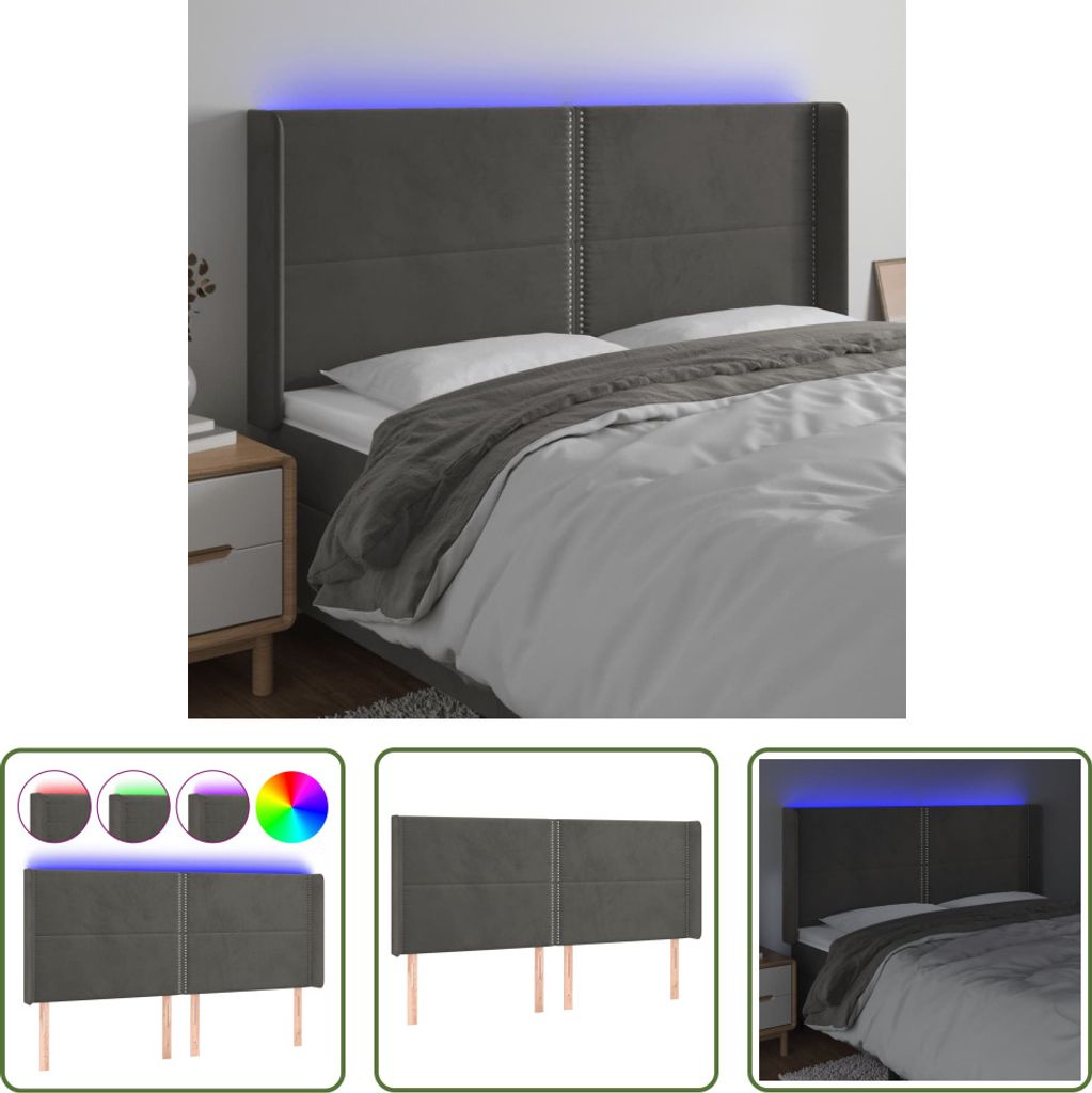 The Living Store LED Kopfteil Dunkelgrau 183x16x118/128 cm Samt