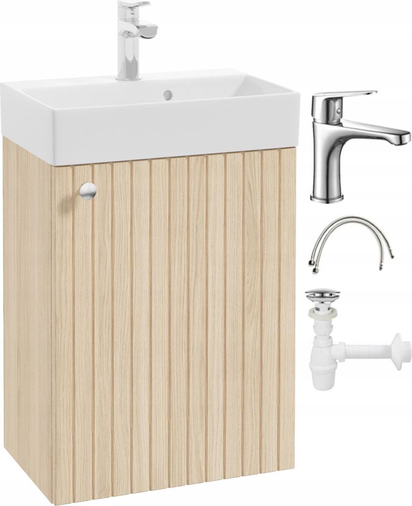 Badezimmerschrank mit Waschbecken Eiche Vicenza mit Chrom-Mischbatterie und Chromgriff 50x70cm Kiara