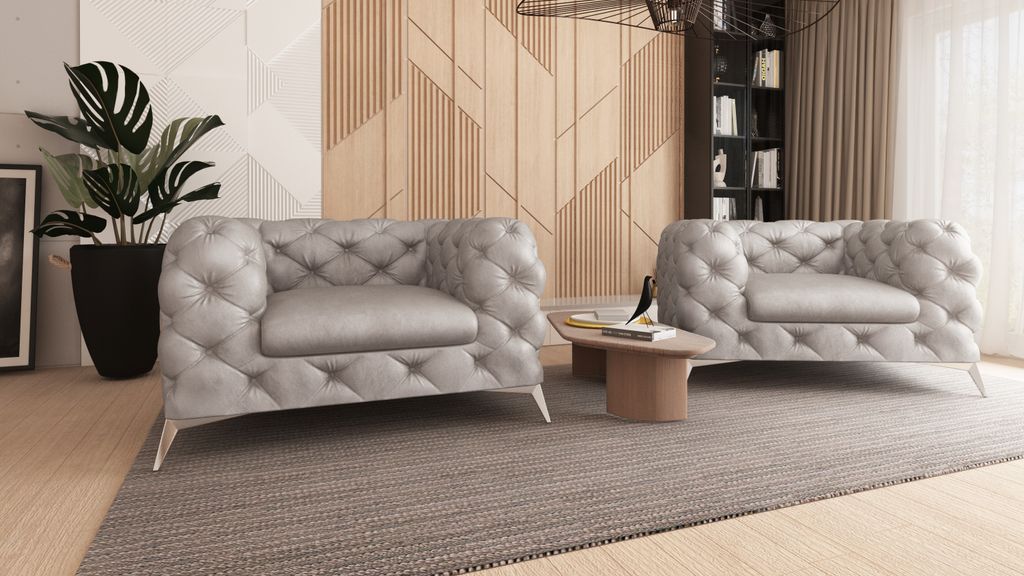 S-STYLE MÖBEL - Prism - Chesterfield Sessel mit Silber Metall Füßen aus Grau Samtstoff, B/T/H: 125 cm / 100 cm / 75 cm