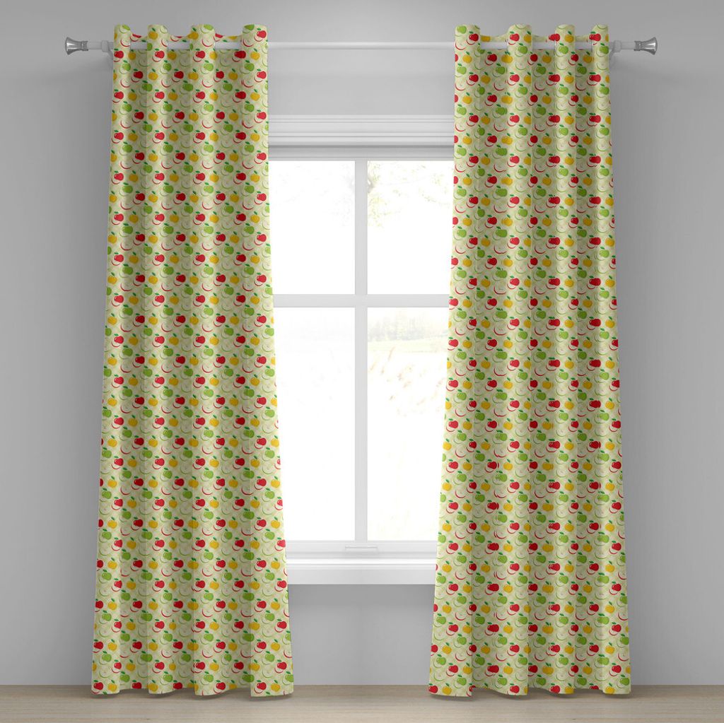 ABAKUHAUS Apfel Ösenvorhang, Diagonales kariertes Muster mit Äpfeln und Scheiben Retro- Land-Küchenthema, Dekorative 2-Panel-Fenstervorhänge, 2...
