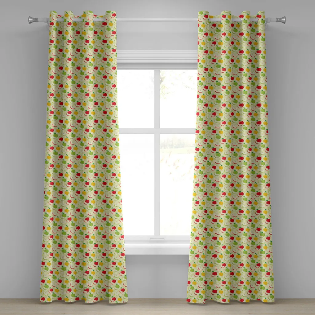 ABAKUHAUS Tenda con occhielli a tema mele, motivo a quadri diagonali con mele e fette Tema retrò-country-cucina, tende decorative a 2 pannelli, 280 cm x 175 cm, verde giallo rosso