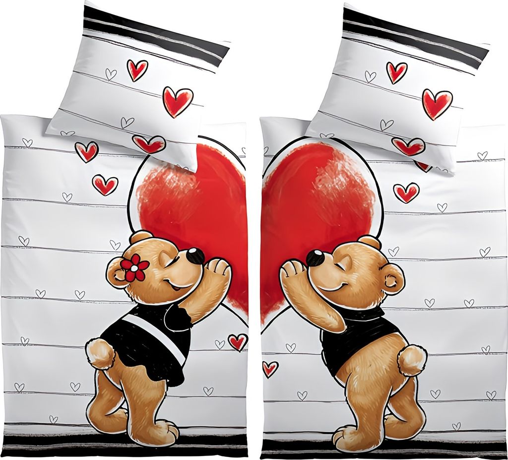Bettwäsche 135x200 Set Streifen Weiß Herzmotiv Bärchen Design Mikrofaser 4 teilig