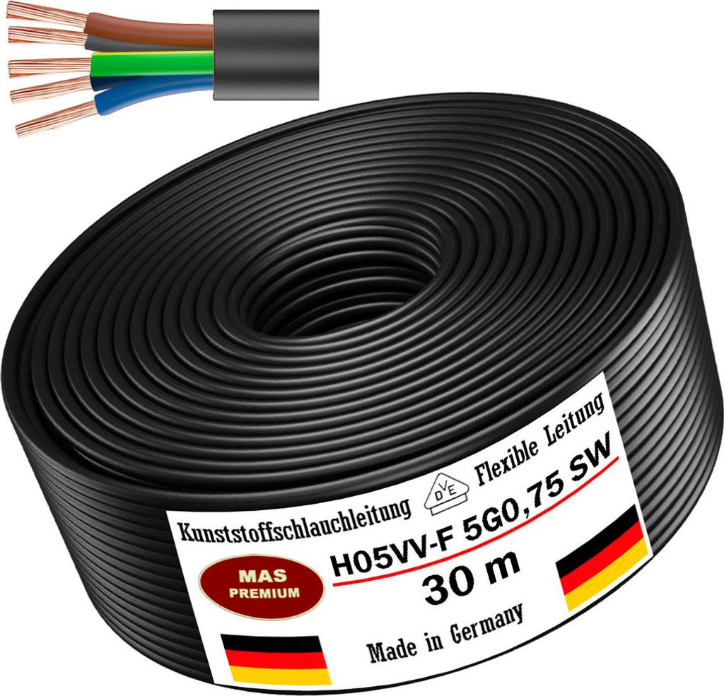 30m Schlauchleitung H05VV-F 5G0,75 Schwarz Flexible Leitung Gerätekabel