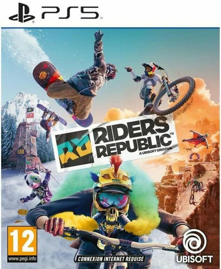 The image is a video game cover for Riders Republic on PlayStation 5, featuring multiple characters engaged in extreme sports like snowboarding, mountain biking, and wingsuit flying.