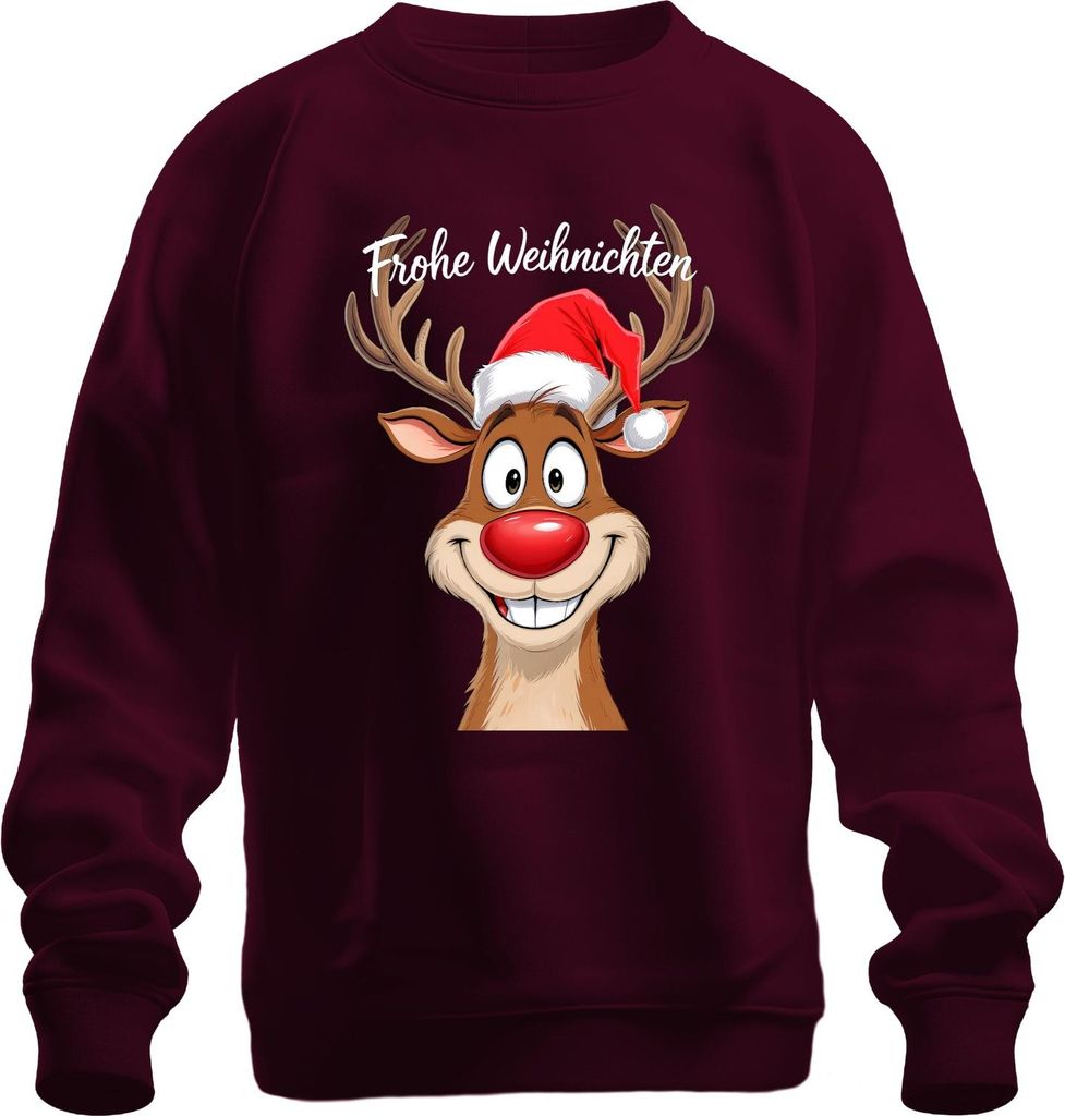 Frohe Weihnachten Rentier Rudolph Cartoon Lustig Weihnachtsmütze Uni Sweatshirt Pullover, Burgundy, XL