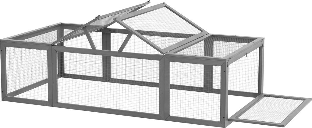 Aufklappbares Freilaufgehege für Kleintiere aus Tannenholz, Grau - Praktisches Außengehege mit Dach für Kaninchen, Meerschweinchen & Nager