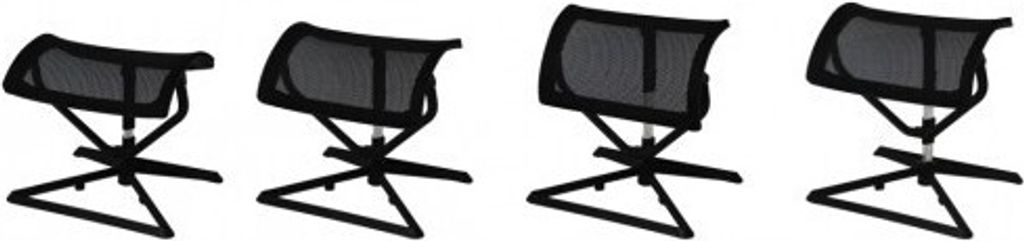 Four black mesh ottomans are shown in a row against a white background, each at a slightly different height or angle.