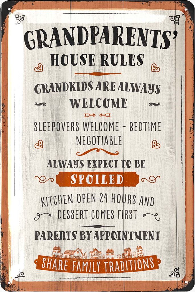 LANOLU Retro Blechschild Geschenk für Oma und Opa Pension Hotel lustige HAUSREGELN Metallschild Sprüche Geschenk für Großeltern 20x30 cm