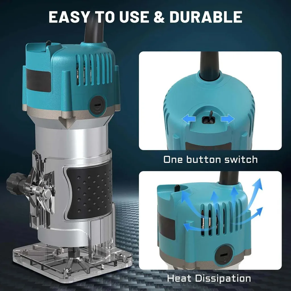 Fresatrice elettrica - Fresatrice per legno/fresatrice per bordi - Alimentazione CA - Con 1 fresa diritta - Rifilatura, incisione, fresatura di scanalature - A mano, compatta - Per il fai da te con il legno - Arancione - 6
