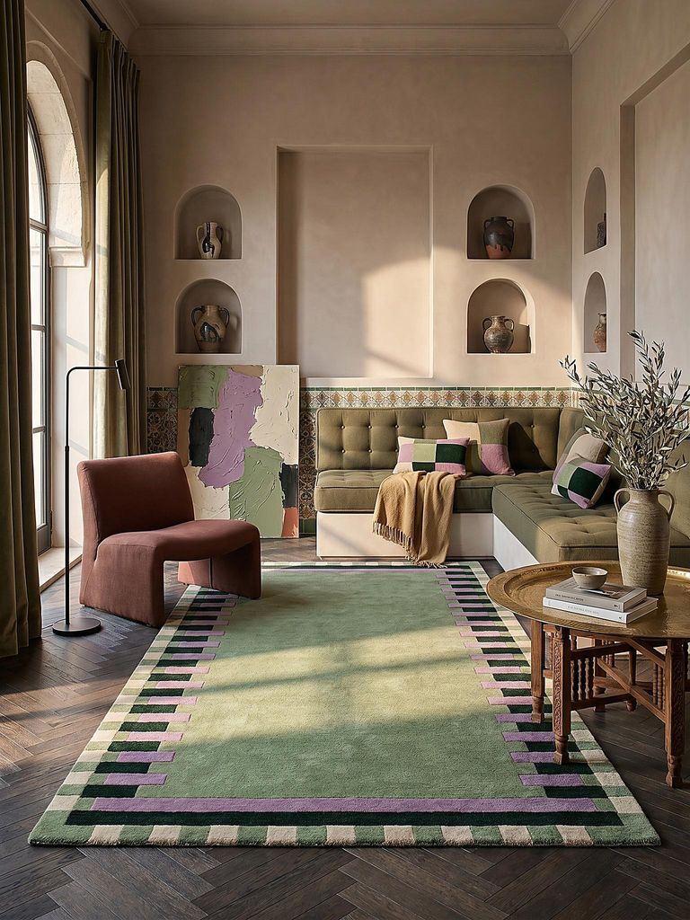 Wollteppich Geometrisches Muster, Rahmen, Wohnzimmer schmutzabweisend Grün-Lila Rechteckig 200x290 | 100% Wolle, Rücken aus 100% Baumwolle | Flor...