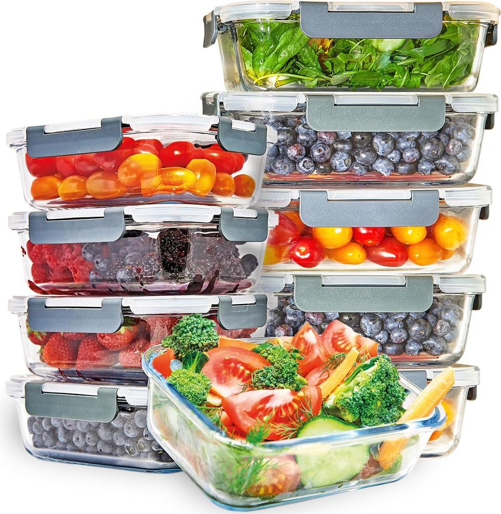 KitchenBrothers Meal Prep Boxen - Glas Frischhaltedosen Set - Luftdicht - BPA-frei - 1L und 370ml - Glas - 10 Stück