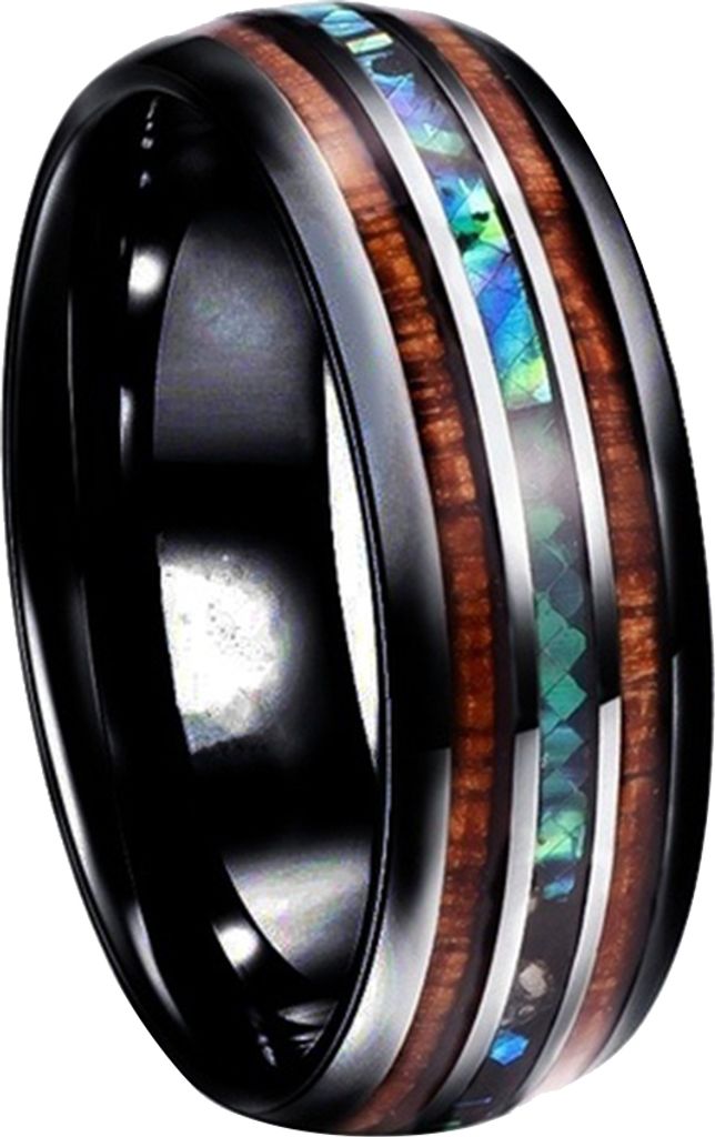 Mode Uni Holz Abalone Shell Titan Stahl Ring Hochzeit Party Schmuck-Schwarz,US 11