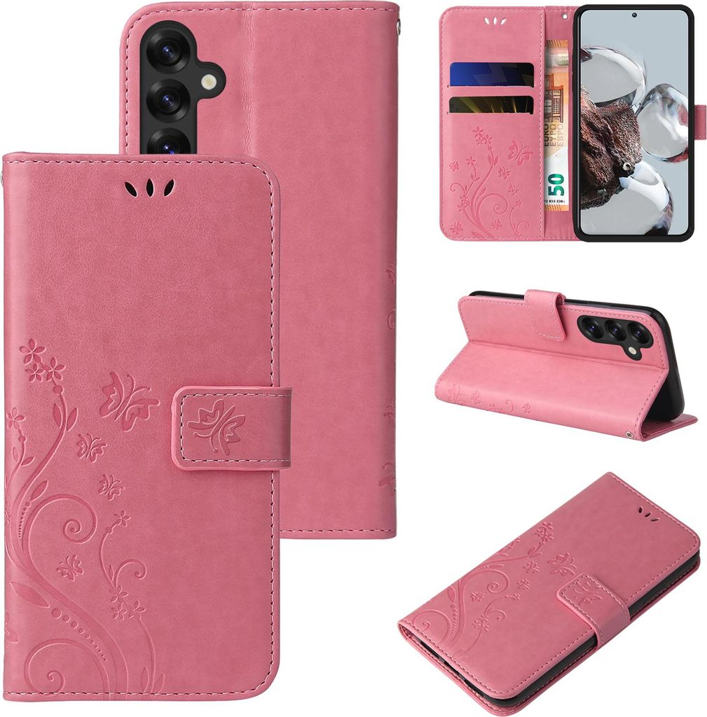 Handyhülle für Samsung Galaxy S25 FE Floral Blumen Schmetterling Flip Cover Hülle Case Klapphülle Handytasche Farbe: Rosegold