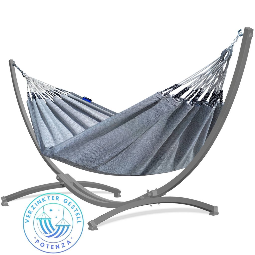 Potenza Outdoor Hängematte mit Verzinkter Gestell für 2 Personen I 100% Baumwolle Medelin Doppelhängematte 220x140, 160kg I Grau Hängemattenges...