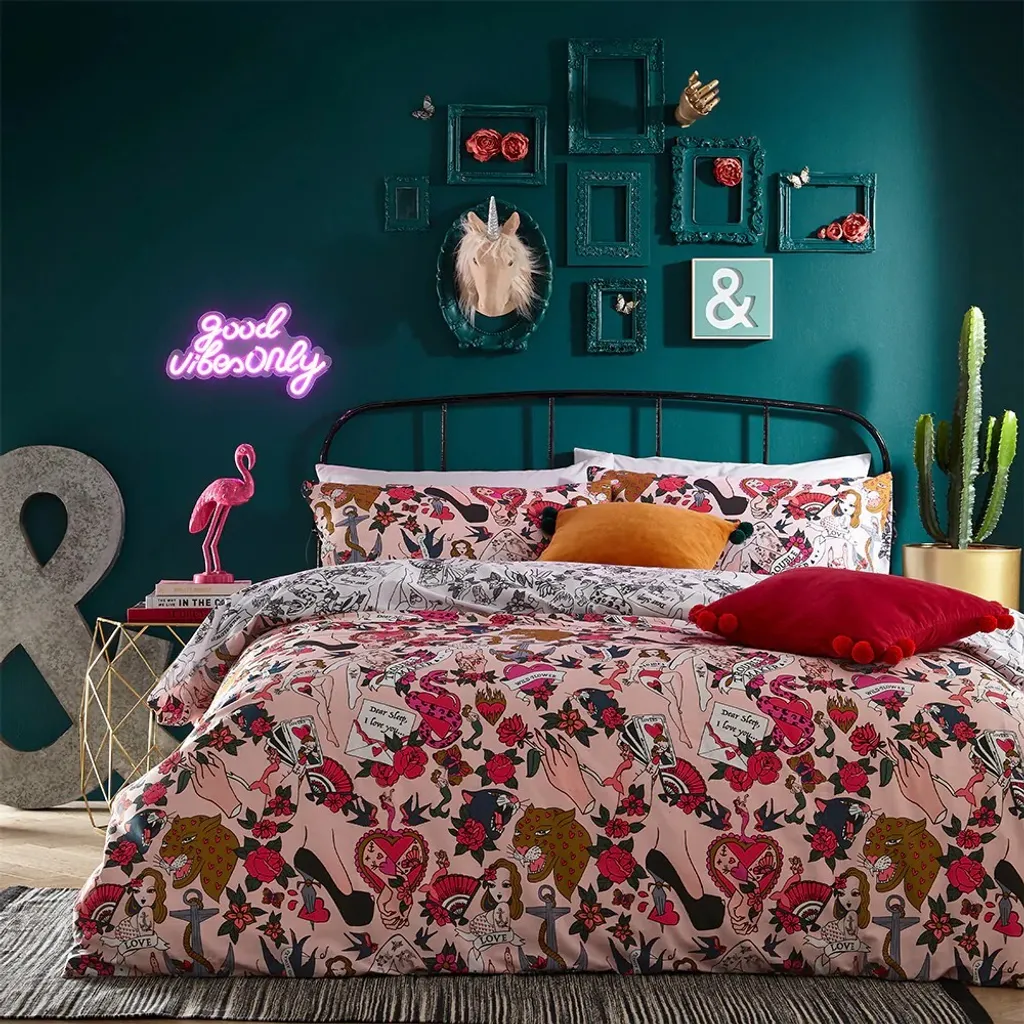 Housse Couette Superking Rose Inked Furn pour Chambre Style Tatouage