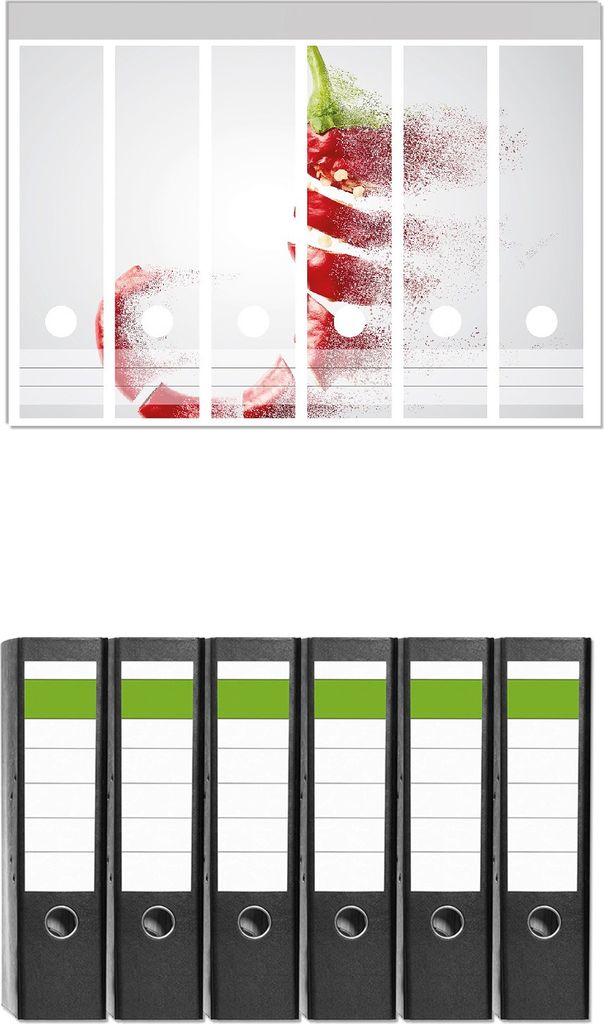 Wallario 6 Stück breite Ordner inkl. Klebeetiketten mit Motive Chilischote löst sich in Pulver auf - Set mit Rückenschildern / Ordnerrücken St...