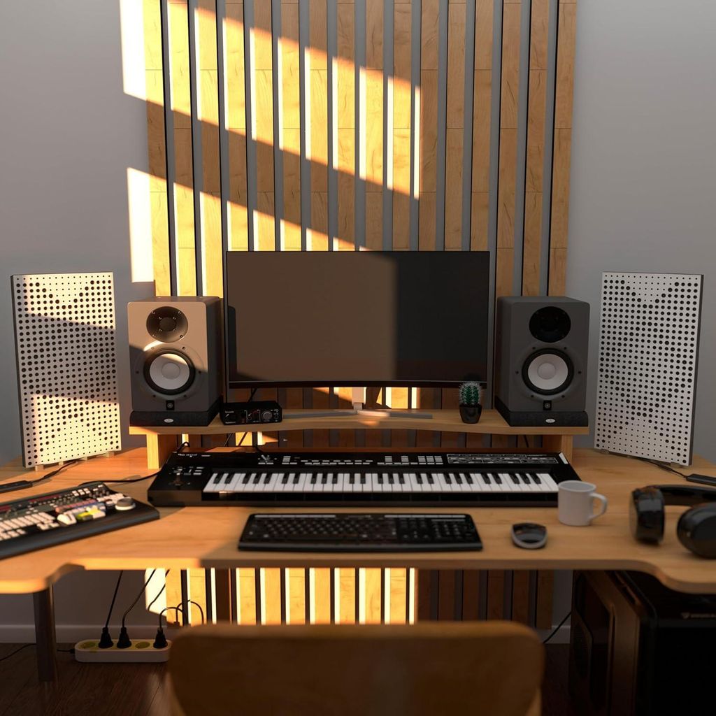 2er-Pack schmale Akustikplatten "WILDS-mini" mit RGB-Schreibtischlampe |Mobiler Ständer mit LED-Tischfuß | 25 x 50 cm |Weiß