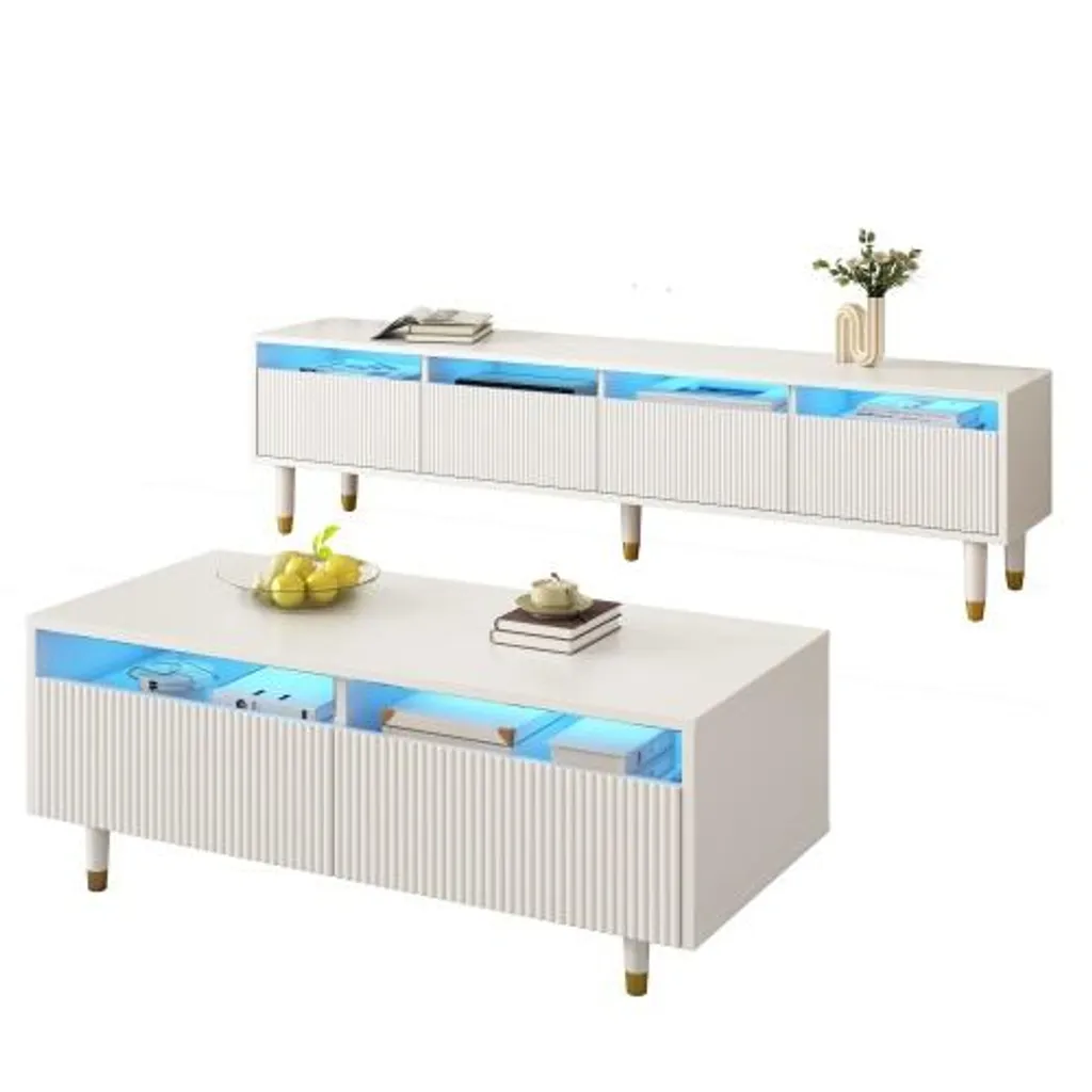 Ensemble salon LED blanc et doré AIORBER avec meuble TV et table basse