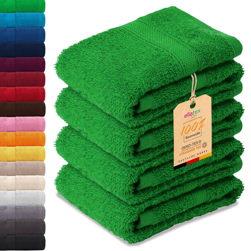 EllaTex PARIS 4er Set Gästetücher 30x50 cm – 100% Baumwolle, 500 g/m² Frottier, Vorteilspack, in Farbe: Grün