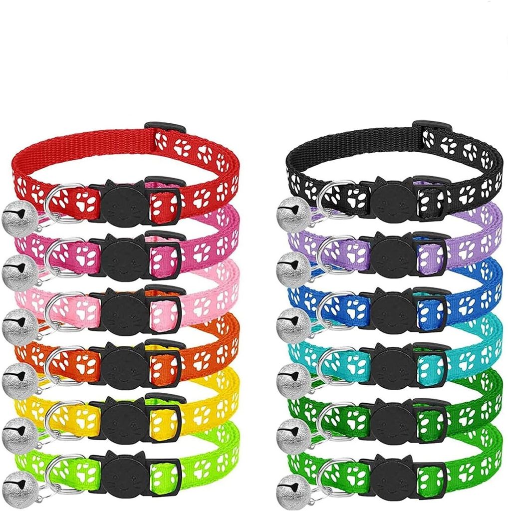 Katzenhalsband, 12 Stück Anti-Strangulations-Katzenhalsband, Kätzchenhalsband mit reflektierendem Riemen und Glöckchen, einstellbarer Bereich 19...