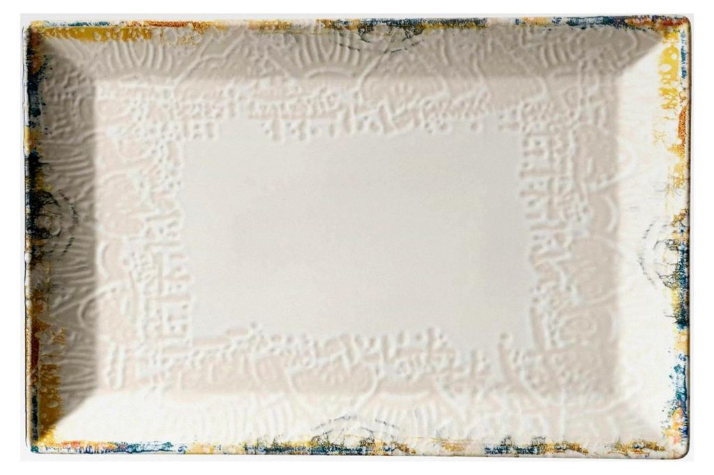Servierplatten Set Alfonso, 6 Stück, 30x20 cm, Präsentationsplatten mit Relief und buntem Rand, Servier- und Speisegeschirr im Manufaktur-Look, s...