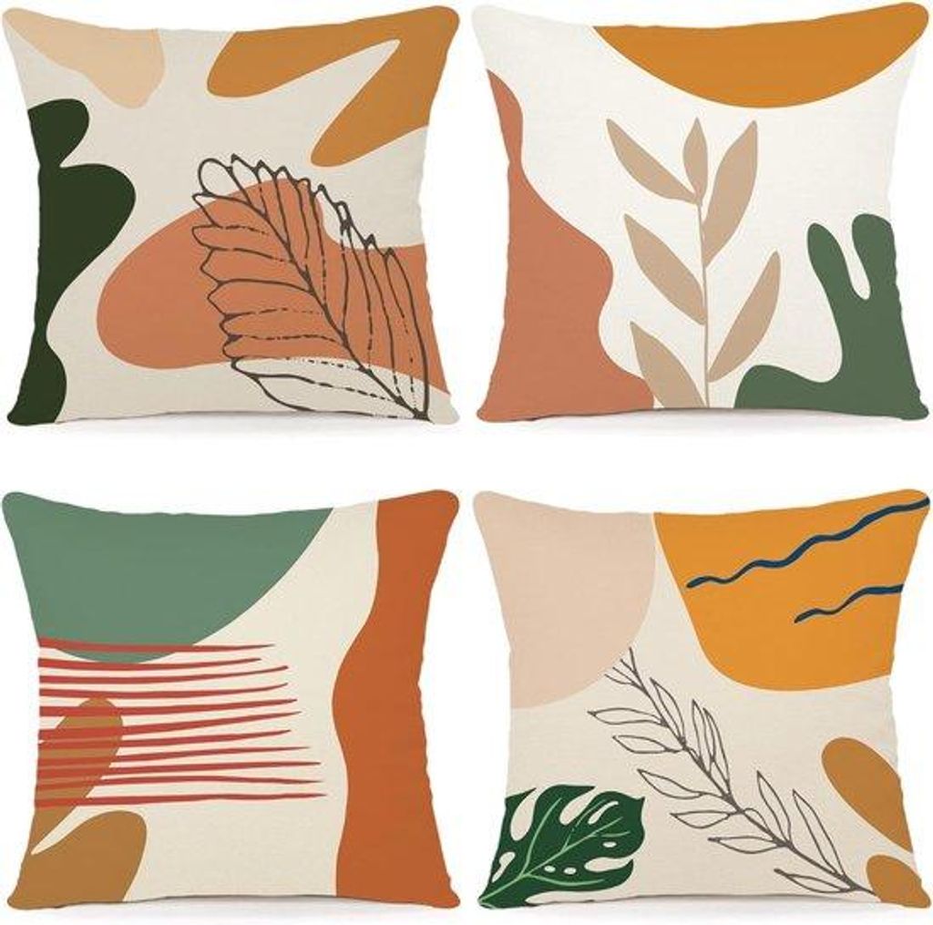 Bettwäsche-Set 4er, geometrische Kissenhüllen, 50 x 50 cm, Wohnzimmer, Dekokissen, Linnen, Kissenbezüge