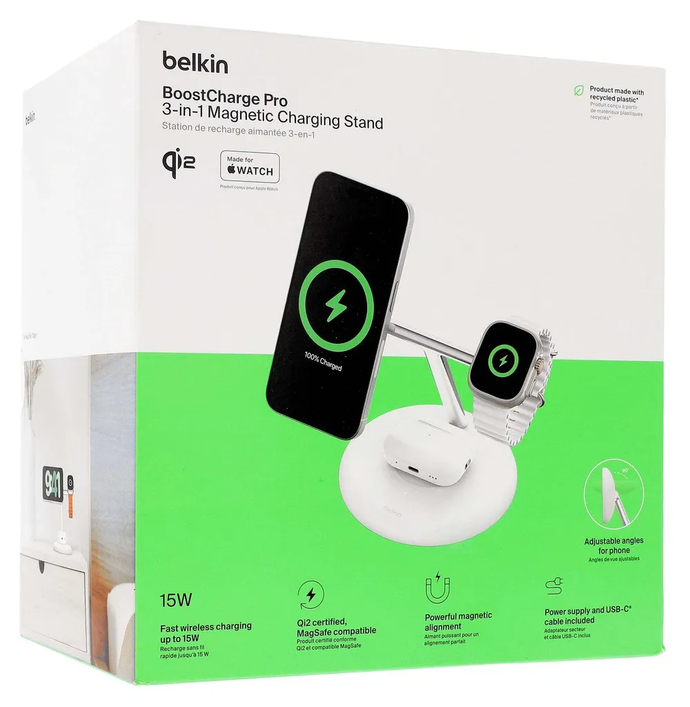 Chargeur sans fil 3-en-1 Belkin MagSafe Qi2 15W pour iPhone et Watch