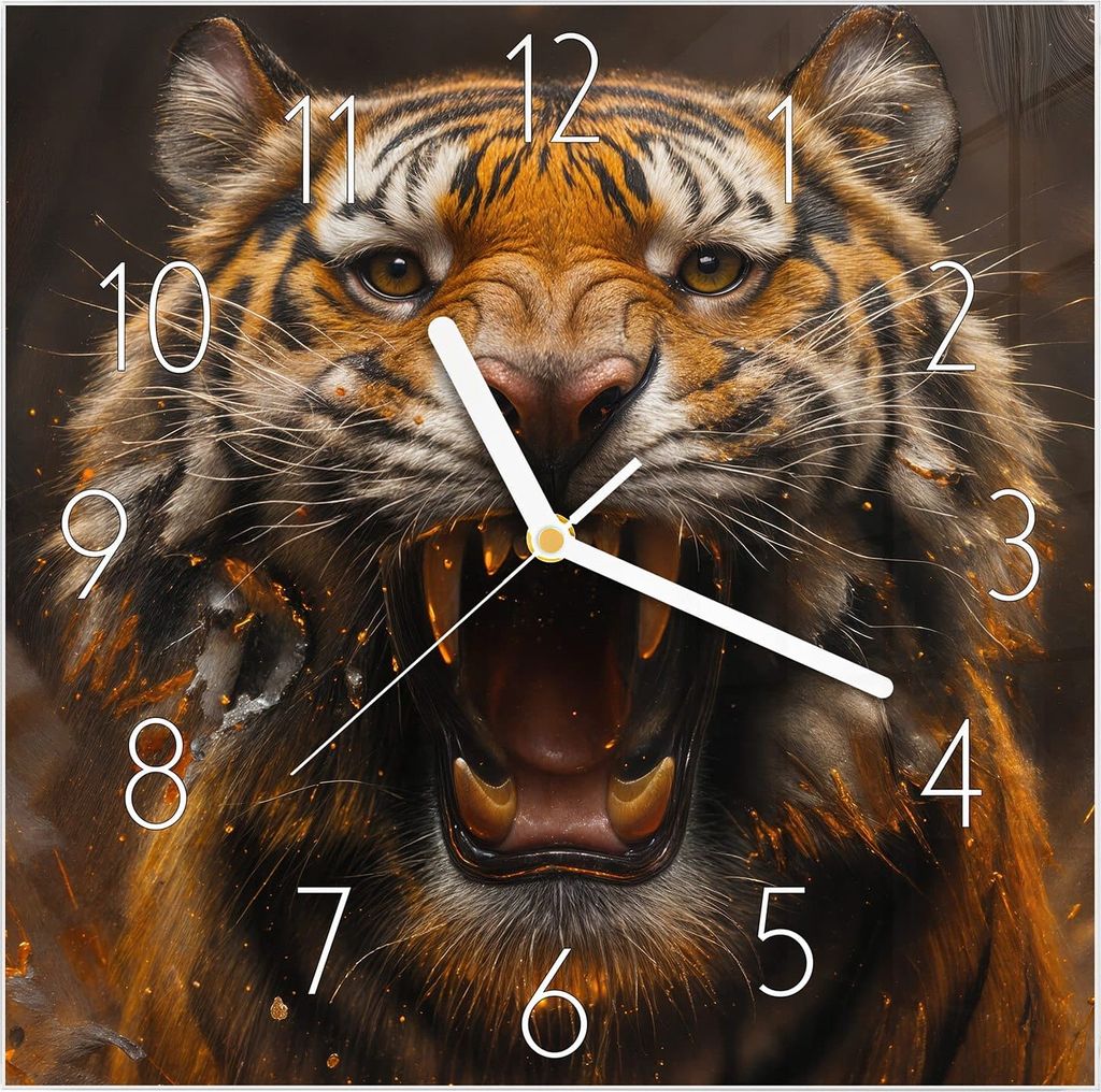 Wanduhr aus Glas mit Motiv Tiger im Feuer- 30 x 30 cm - inkl. Aufhängesystem