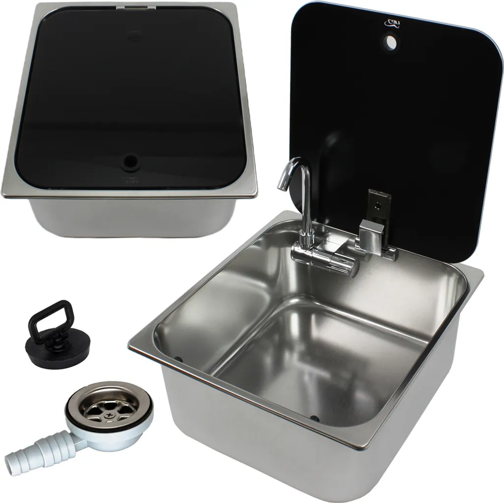Évier compact pour camping-car et bateau avec robinet pliable et bonde