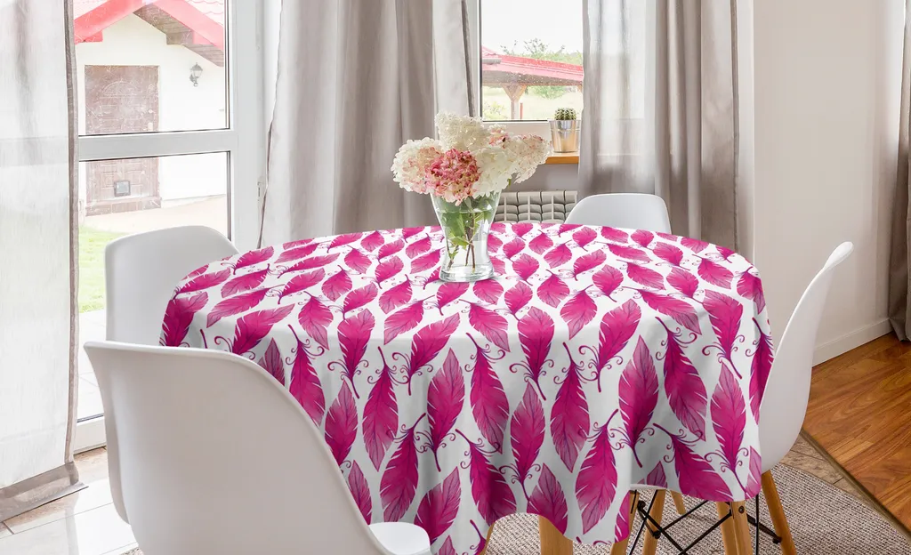 ABAKUHAUS Tovaglia rotonda con motivo piumato, elemento decorativo romantico, tovaglia circolare per sala da pranzo e cucina, 150 cm, rosa e rosa chiaro
