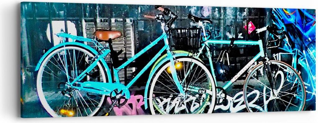 Bild auf Leinwand - Leinwandbild - Fahrräder Graffiti Straße Wand - 90x30cm - Wand Bild - Wanddeko - Leinwanddruck - Bilder - Kunstdruck - Wandde...