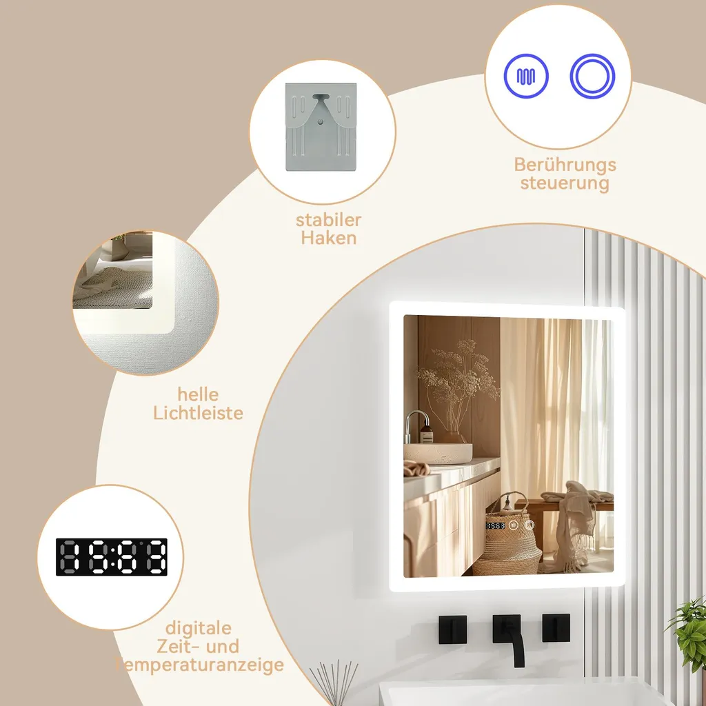 Miroir LED 60x50 cm à intensité variable et désembueur automatique - 3
