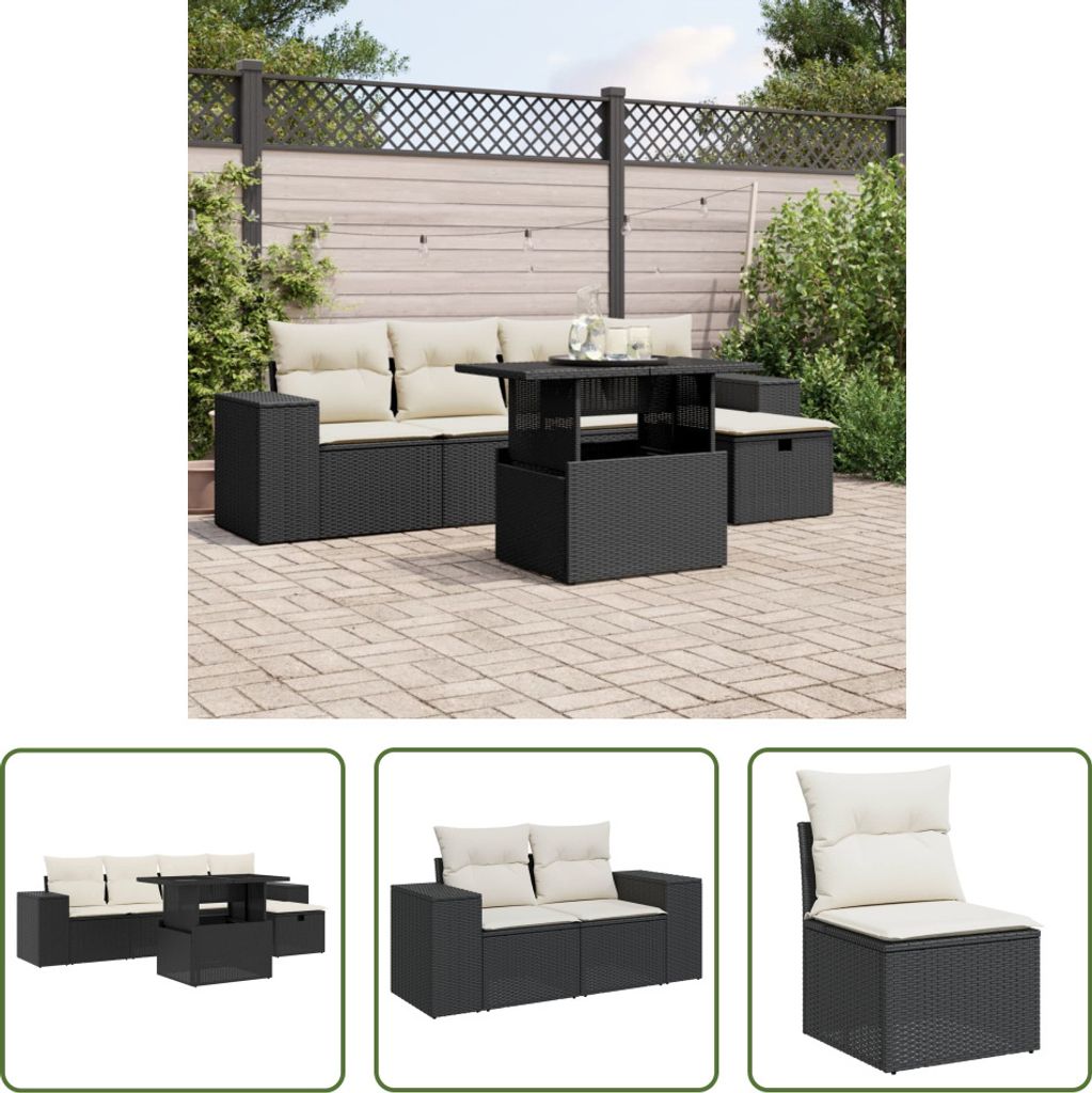 The Living Store 6-tlg. Garten-Sofagarnitur mit Kissen Schwarz Poly Rattan