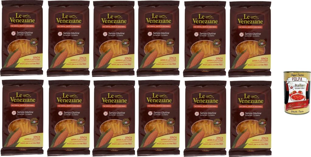 Le Veneziane Pasta di Mais Penne rigate senza glutine,100% italienische Maisnudeln, glutenfrei. gluten free 12x 250g + Italian Gourmet polpa 400g
