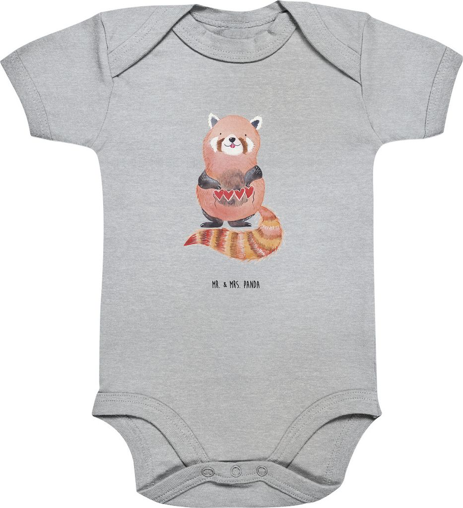 Mr. & Mrs. Panda Strampler Roter Panda 12. - 18. Monat - Heather Grey - Geschenk, Herz, Baby, Liebe, Babystrampler, babykleidung body, kurzarm, ove...