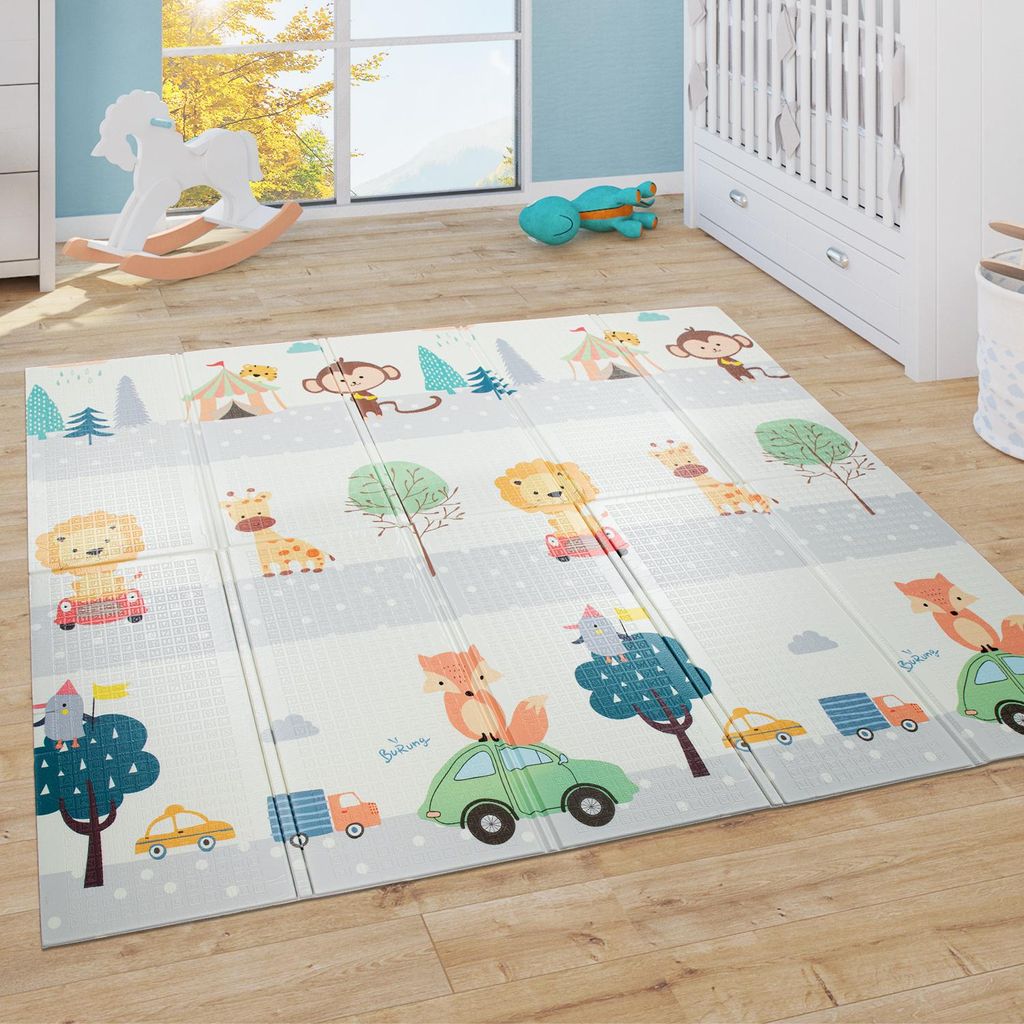 Spielmatte Krabbelmatte Baby Matte Faltbar Abwischbar Wendbar Tiere Creme Grau Blau Grösse 180x200 cm