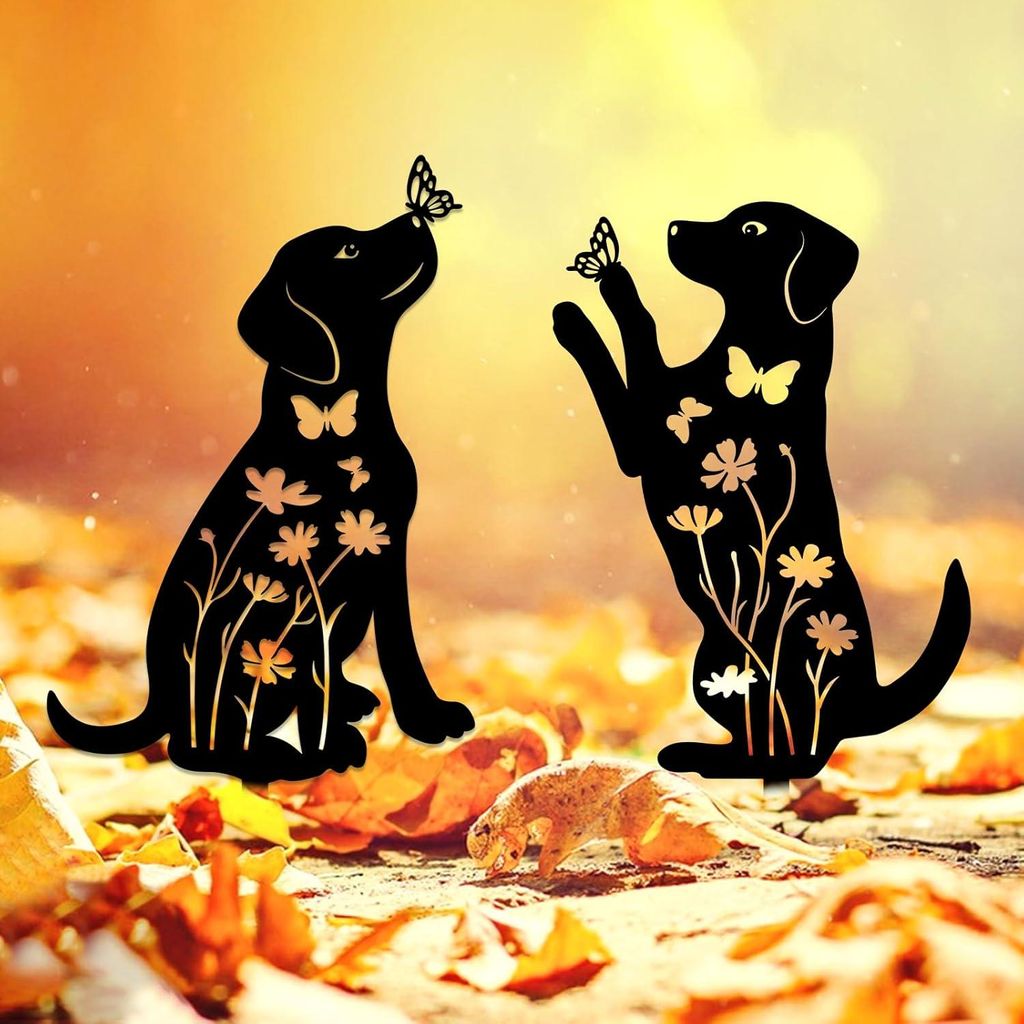 Einzigartiges Set aus 2 Metall-Hund Garten-Dekorationen für draußen