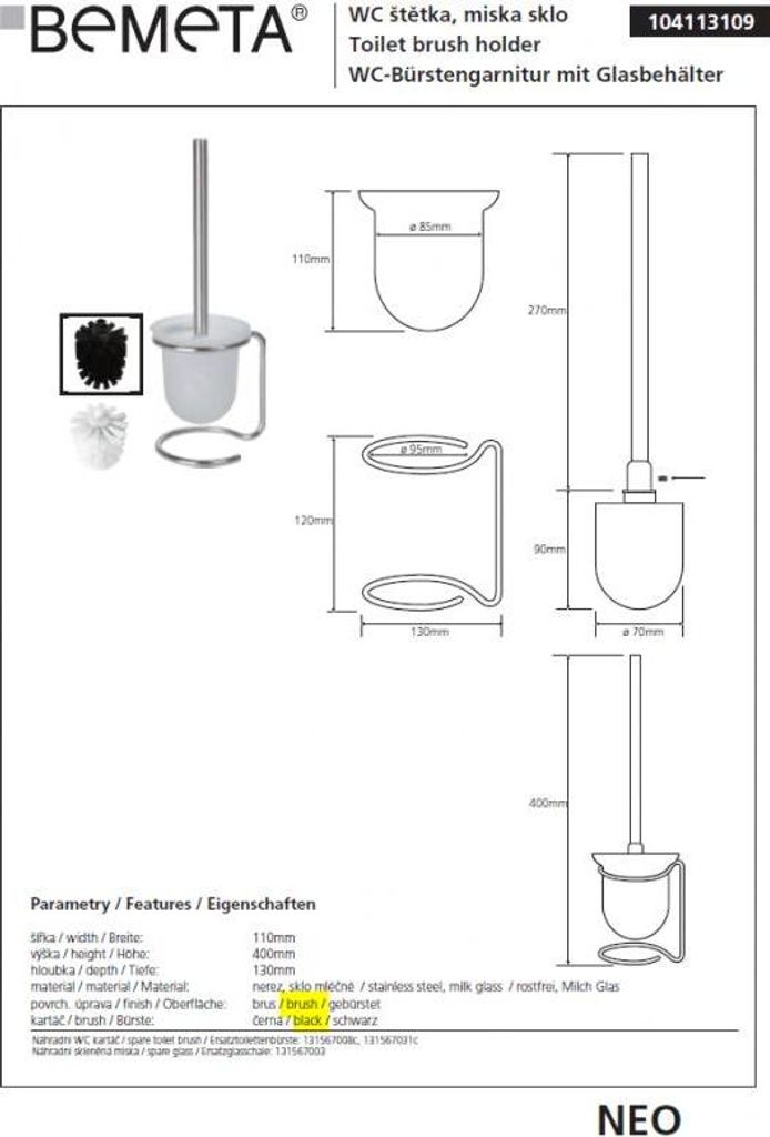 Weiße oder schwarze Toilettenbürste NEO, Glasschüssel 40x11x13cm BEMETA Farbe: Schwarz,