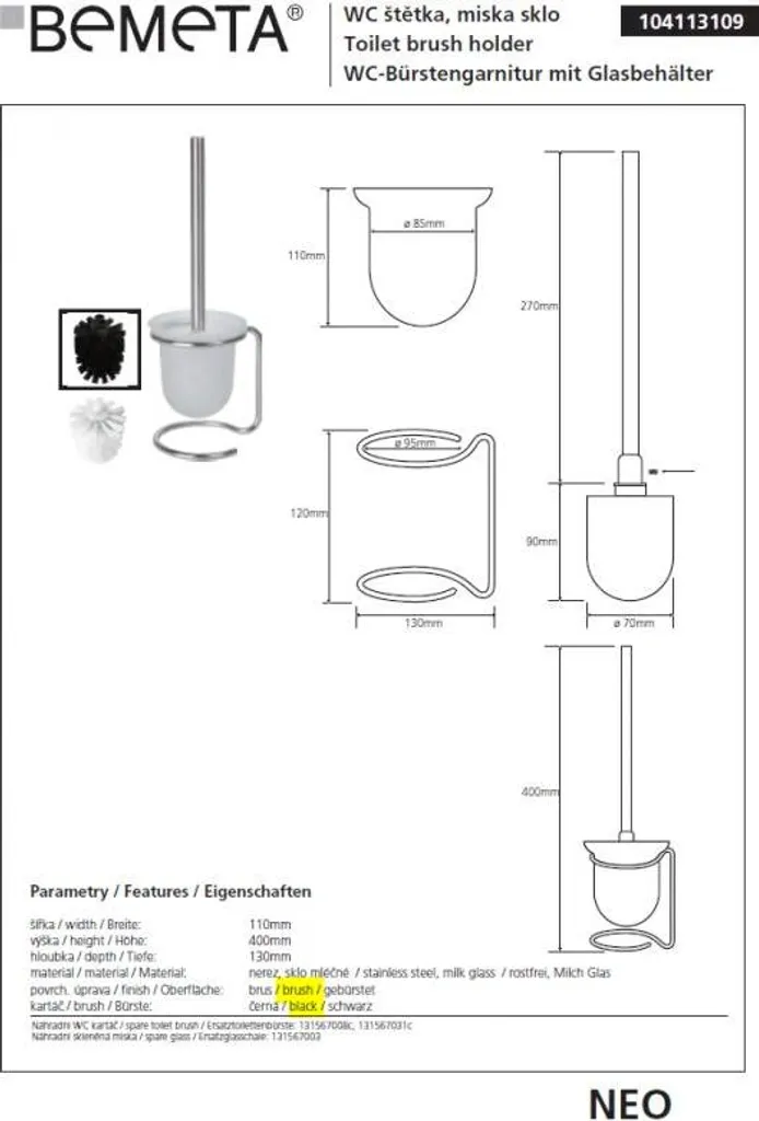 Goupillon WC NEO en verre noir, format rectangulaire 40x11x13cm pose libre