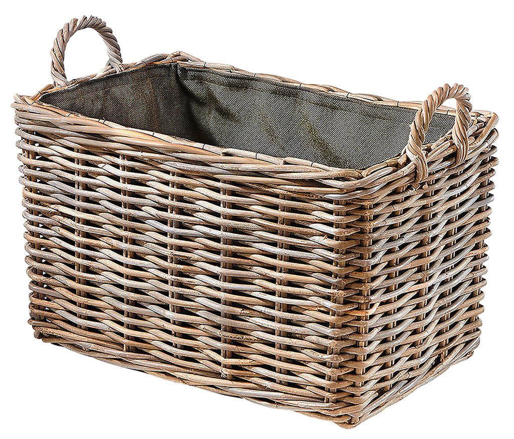 A rectangular woven basket with fabric lining and handles, presented against a white background.