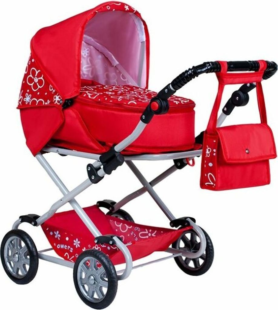 A red doll stroller with a white floral pattern, shown against a white background.
