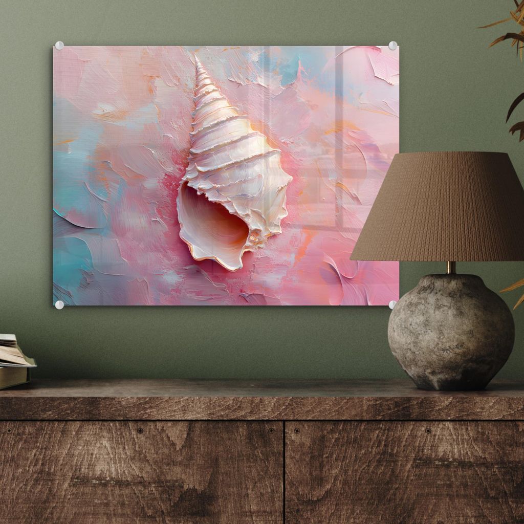 MuchoWow Glasbilder - Bilder auf Wandbild - Foto auf Glas Muschel - Pastell - Rosa 40x30 cm Wanddekoration aus Glas - Acrylglasbild - Acrylbilder -...