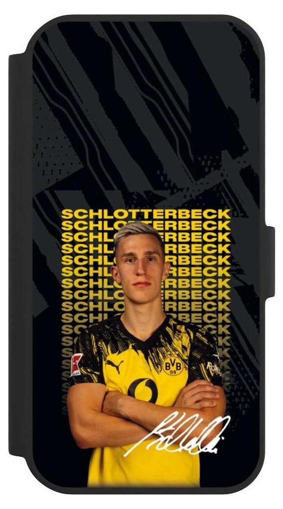 NIVOCASE Klapphülle für Apple iPhone 15 Handyhülle aus Kunst Leder NIVOflip schwarz BVB Borussia Dortmund Nico Schlotterbeck