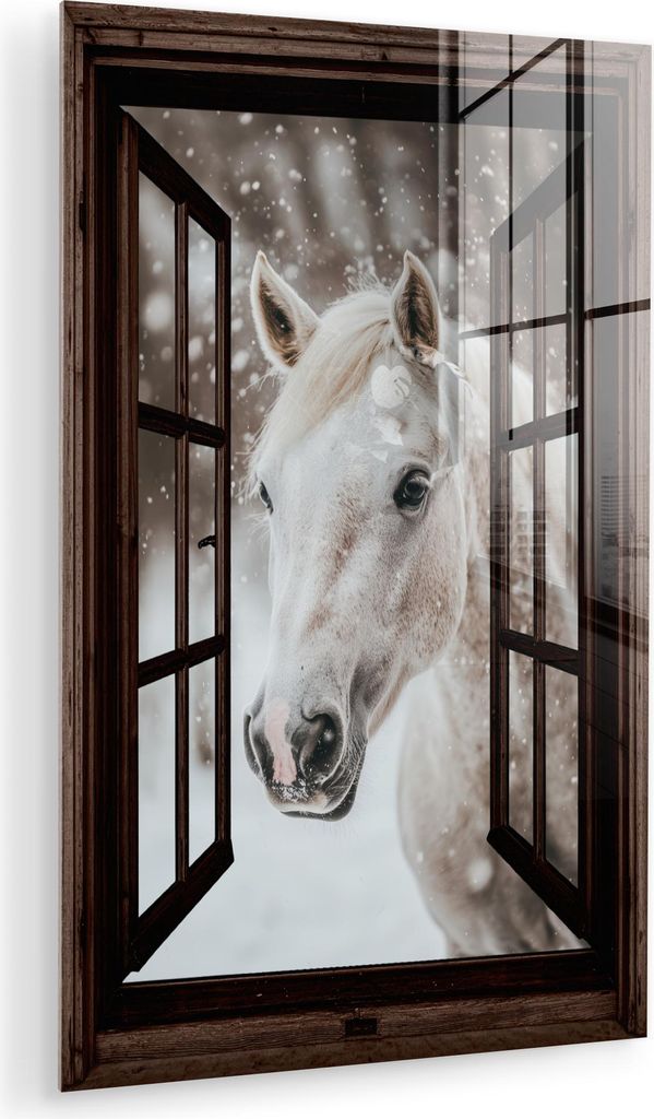 MuchoWow Glasbilder - Bilder auf Wandbild - Foto auf Glas Durchsichtig - Pferd - Weiß - Winterlandschaft - Schnee 80x120 cm Wanddekoration aus Gla...