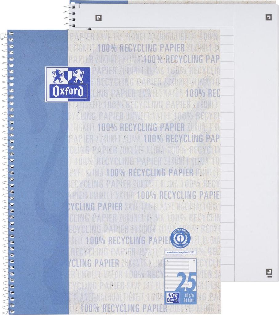 Collegeblock Recycling LIN 25 - A4+ 80 Blatt liniert Rand rechts blau. Packung mit 10 Stück