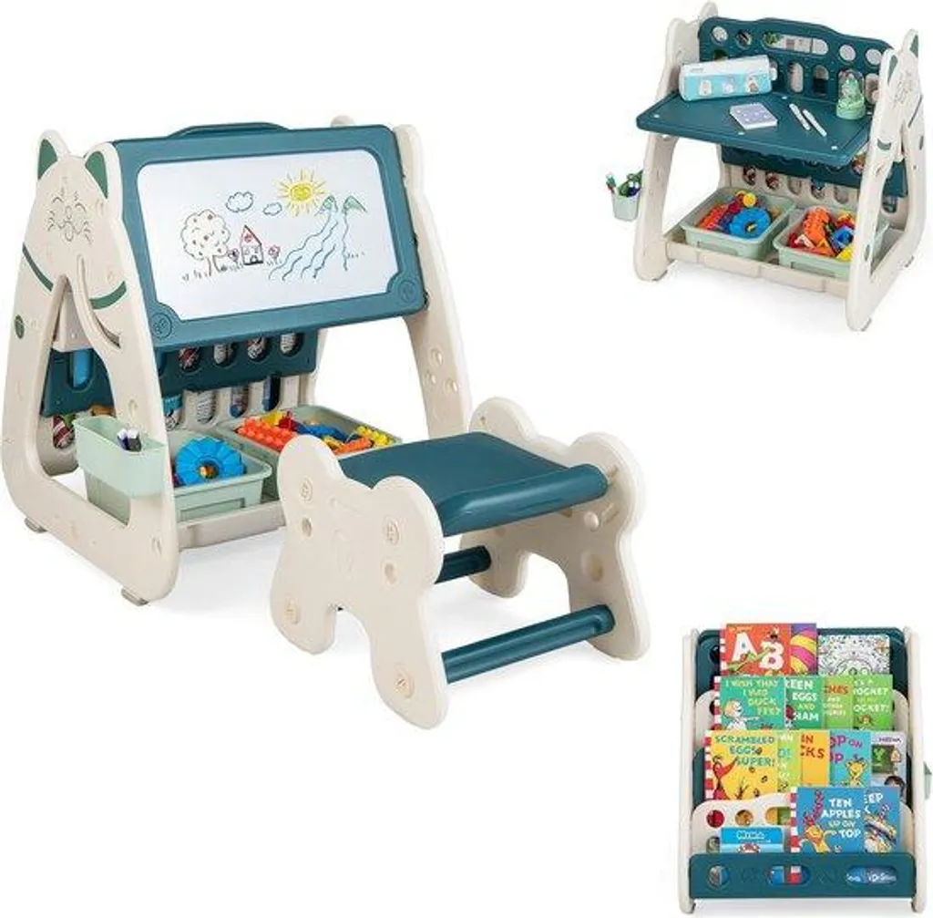 Table de jeux 3 en 1 polyvalente avec tabouret et casiers intégrés