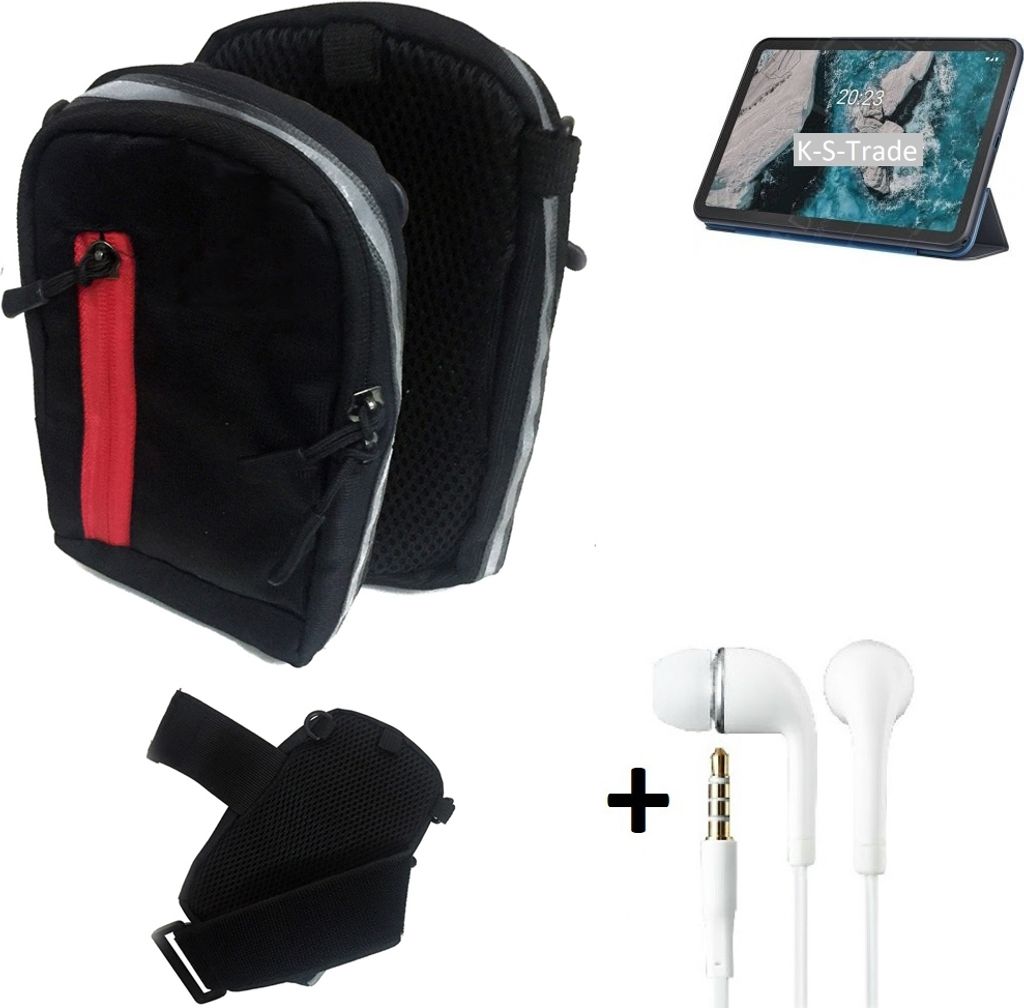 K-S-Trade Outdoor Gürte-Tasche Holster Umhänge-Tasche + Kopfhörer kompatibel mit Nokia T20 Wi-Fi schwarz Handytasche Case travelbag Schutz-Hülle