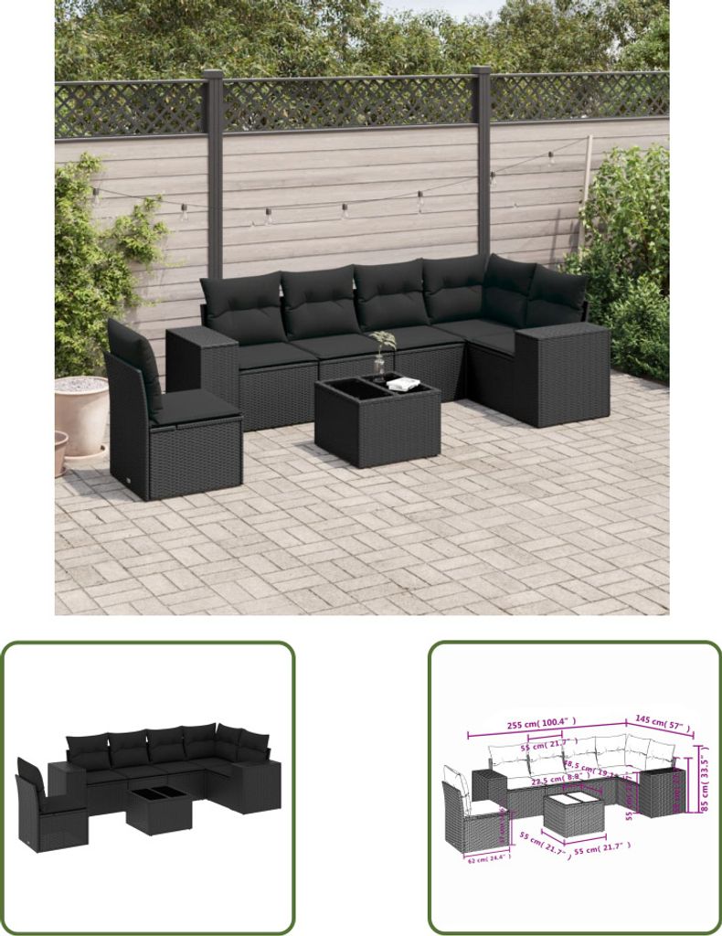 The Living Store 7-tlg. Garten-Sofagarnitur mit Kissen Schwarz Poly Rattan