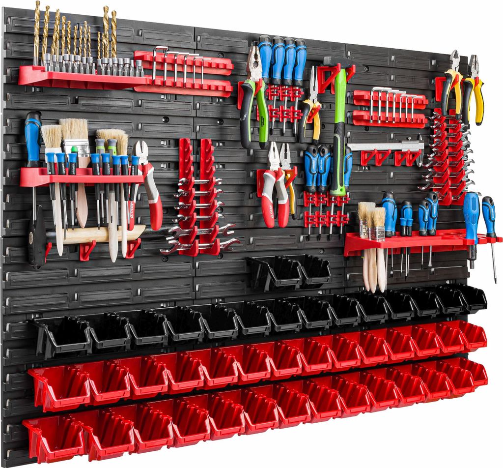 Lagersystem Werkstattregal | 117 x 78 cm | 44 stck. Box | Wandregal mit Werkzeughalterungen und Stapelboxen - Wandplatten Extra Starke Schüttenreg...